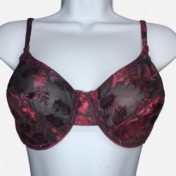 Red velvet bra with floral pattern and mesh overlay  - 34D - Picture 1 of 5